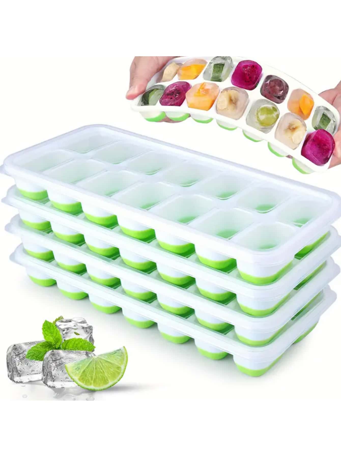14-Grid Square Ice Cube Trays With Lid, Silicone Ice Cube Mold With Easy Release Flexible Bottom For Homemade Ice Cubes - Green - View 1