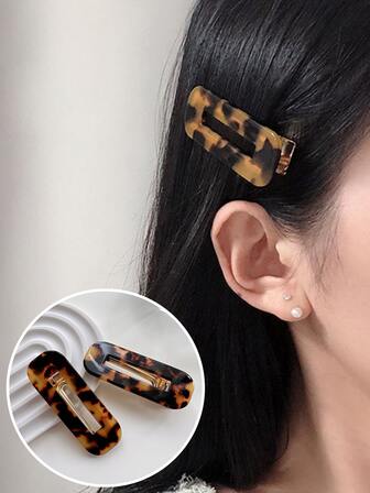 2入組女士醋酸材質豹紋方紋髮夾，短吻鱷夾，不傷髮