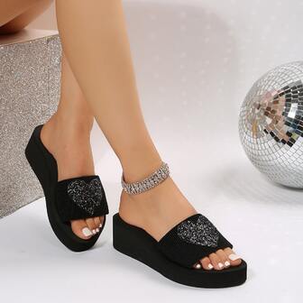 Women Glitter Decorated Fancy Wedge Heel Sandals, Fashionable And Versatile For Outdoor Valentines