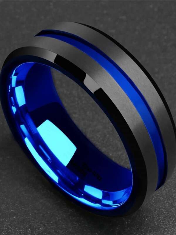 1 pieza moda 8mm mate negro de acero inoxidable Anillo azul ranura Anillo de boda para de hombres compromiso