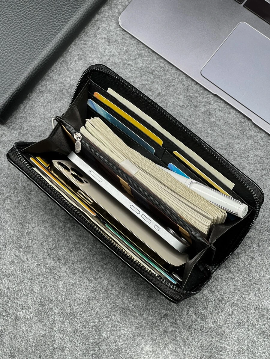 時尚簡約黑色長款錢包,適用於日常通勤和外出,配有多個卡插槽,大容量且便攜,是禮物首選 - 黑色 - 查看 1
