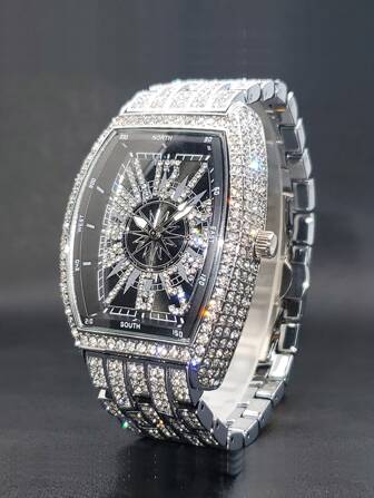 Miss fox Fashionable Hip Hop Style Waterproof Men's Quartz Watch, Suitable For Daily Wear Father