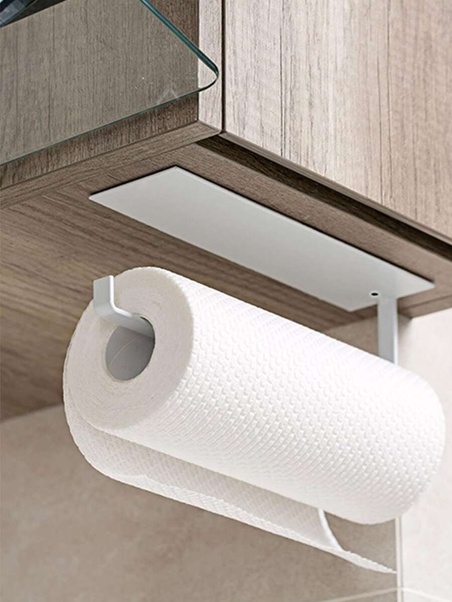 1pc White Adhesive No-drill Kitchen Paper Towel Holder & Wall Mounted Shelf - 白色 - 查看 1