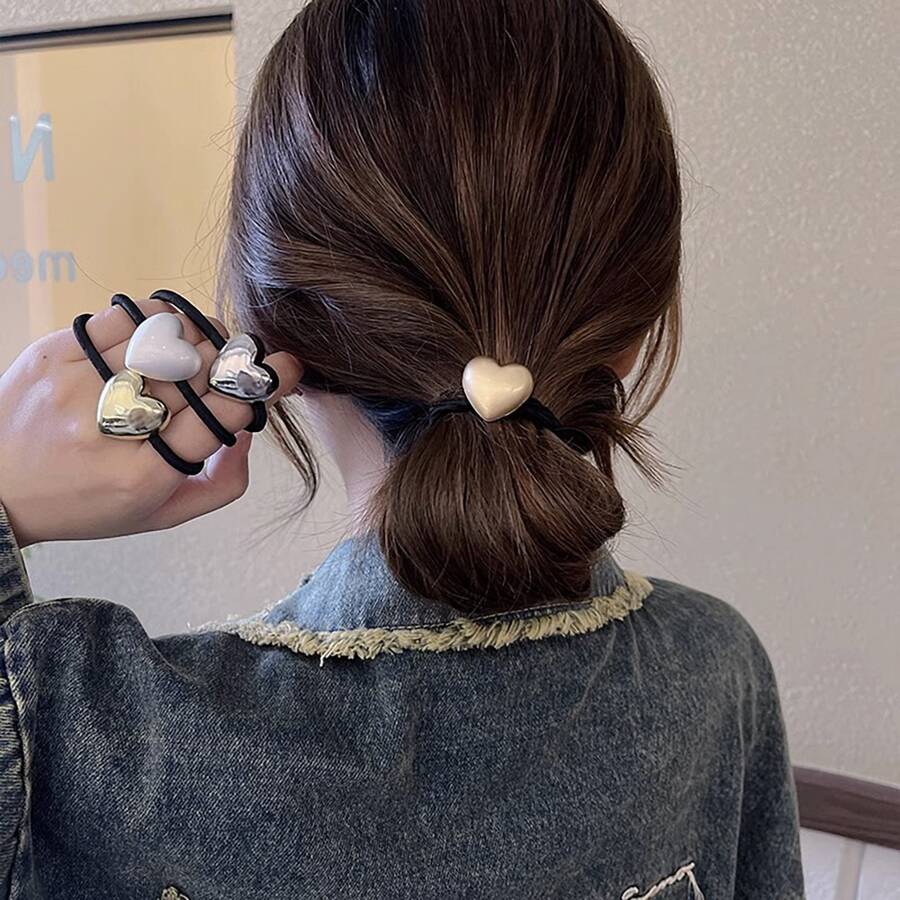 4pcs/Set Matte Metallic Love-Shaped Hair Ties In Ins Style Casual Valentine's Day Valentines - Multicolor - View 1