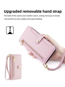 keyunfei Pink Zipper Wallet Phone Case With Magnetic Buckle, Multi-Card Slot, Shoulder Strap, Wrist Strap, Stand Function, Applicable Compatible With Apple 16/Galaxy/Redmi Note13/12C/13C/Poco X3/Honor X8A/X/16E