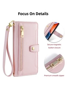 keyunfei Pink Zipper Wallet Phone Case With Magnetic Buckle, Multi-Card Slot, Shoulder Strap, Wrist Strap, Stand Function, Applicable Compatible With Apple 16/Galaxy/Redmi Note13/12C/13C/Poco X3/Honor X8A/X/16E