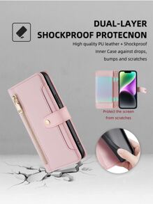 keyunfei Pink Zipper Wallet Phone Case With Magnetic Buckle, Multi-Card Slot, Shoulder Strap, Wrist Strap, Stand Function, Applicable Compatible With Apple 16/Galaxy/Redmi Note13/12C/13C/Poco X3/Honor X8A/X/16E