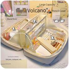 1pc Simple Style Ins Style Volcano Design Multilayer Pencil Case With Large Capacity, High Aesthetic, Multiple Functions And 3d Structure For Students' Stationery Storage, Including Pencils, Pens, Etc. And Zippered Closure - Beige - View 1