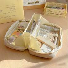 1pc Simple Style Ins Style Volcano Design Multilayer Pencil Case With Large Capacity, High Aesthetic, Multiple Functions And 3d Structure For Students' Stationery Storage, Including Pencils, Pens, Etc. And Zippered Closure - Beige - View 7