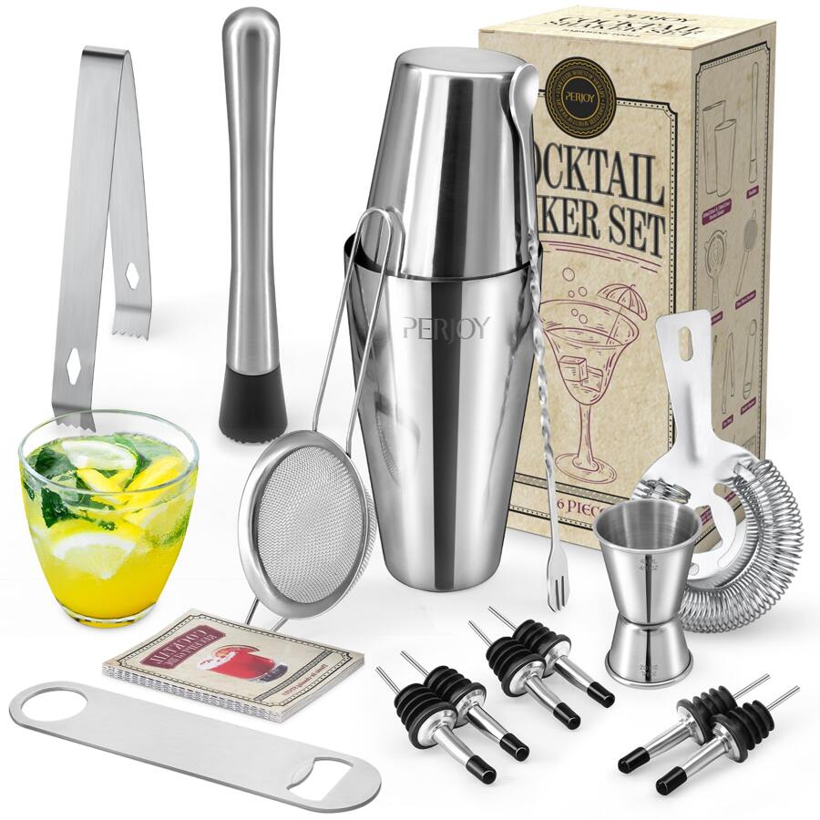 Perjoy Cocktail Shaker Set, 16 Piece Bartender Kit, Cocktail Shaker, Stainless Steel Bar Set Accessories, Coktail Set, Boston Shaker, Drink Mixer Shaker, Bartending Bar Tools with Muddler Spoon Jigger - 銀色 - 查看 1