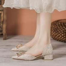 Zapatos de talla grande para mujeres de 40-43 yardas, zapatos para pies anchos, nuevos zapatos de tacón grueso con punta hueca y puntiaguda para mujeres - Albaricoque - Ver 2