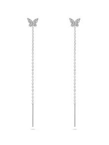 1雙簡約風&個性化&優雅&極簡風格&時尚設計純銀蝴蝶&水鑽裝飾鏈條耳夾耳環,理想適用於女性日常穿著和禮品