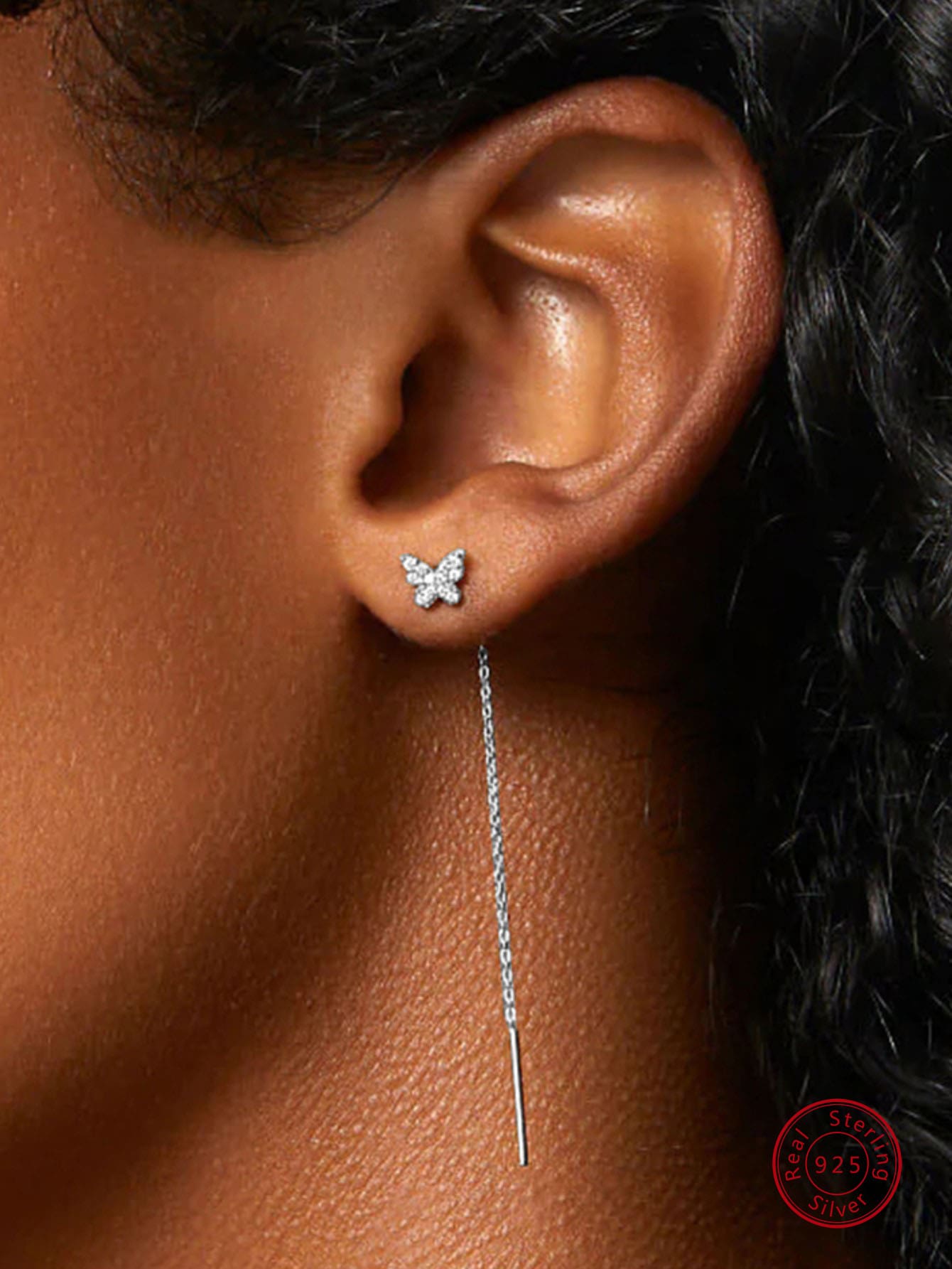 1雙簡約風&個性化&優雅&極簡風格&時尚設計純銀蝴蝶&水鑽裝飾鏈條耳夾耳環,理想適用於女性日常穿著和禮品