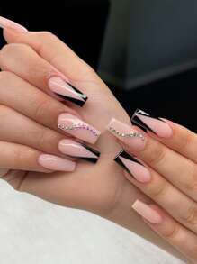 Transforma tus uñas con 24 piezas largas cuadradas negras francesas y diseño de diamantes de imitación kit de uñas postizas - Multicolor - Ver 1