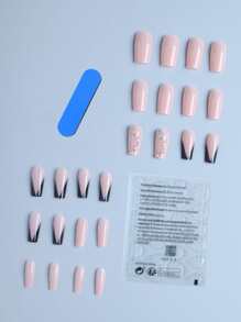 Transforma tus uñas con 24 piezas largas cuadradas negras francesas y diseño de diamantes de imitación kit de uñas postizas - Multicolor - Ver 2