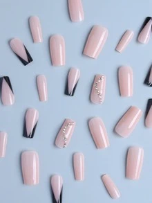 Transforma tus uñas con 24 piezas largas cuadradas negras francesas y diseño de diamantes de imitación kit de uñas postizas - Multicolor - Ver 3