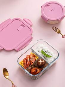 1 pieza Caja bento de vidrio, caja sellada dividida para frutas y ensaladas, caja bento para calentar en microondas, caja bento para la oficina, recipientes de almacenamiento de alimentos de vidrio con tapas, regalo de Navidad, útiles escolares - Rosa - Ver 1