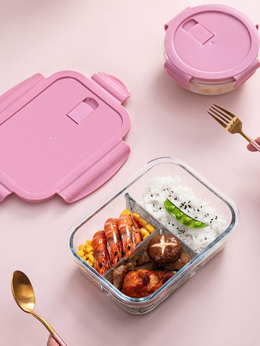1 pieza Caja bento de vidrio, caja sellada dividida para frutas y ensaladas, caja bento para calentar en microondas, caja bento para la oficina, recipientes de almacenamiento de alimentos de vidrio con tapas, regalo de Navidad, útiles escolares - Rosa - Ver 1