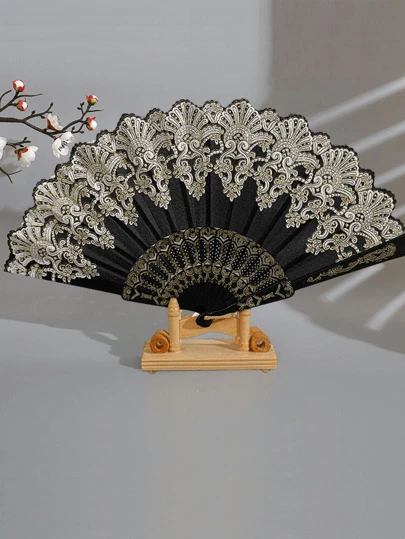 1 件女士黑色手扇，带金箔花朵图案，适合跳舞和时尚配饰优雅万圣节