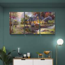 3 Panels Framed Canvas Wall Art Decor Printed Thomas Kinkade Oil Painting Countryside Farmhouse Set of 3 Pieces, Village Landscape Mountain Forest Watercolor Thomas Kinkade Canvas Painting for Family Living room, Bedroom Decor-Ready to Hang - SLT04 - View 2