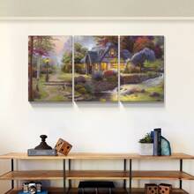 3 Panels Framed Canvas Wall Art Decor Printed Thomas Kinkade Oil Painting Countryside Farmhouse Set of 3 Pieces, Village Landscape Mountain Forest Watercolor Thomas Kinkade Canvas Painting for Family Living room, Bedroom Decor-Ready to Hang - SLT04 - View 1