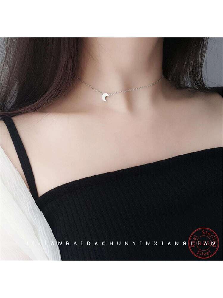 Collana con luna crescente in argento 925 e diamanti, ciondolo con
