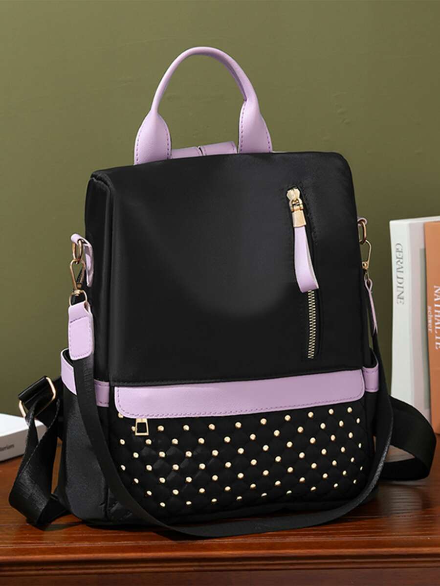 Waterproof,Anti Theft Colorblock Zip Front Backpack for Women, Rookies & White-collar Workers - Black - View 1