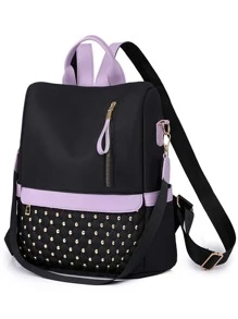 Waterproof,Anti Theft Colorblock Zip Front Backpack for Women, Rookies & White-collar Workers - Black - View 5
