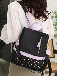 Waterproof,Anti Theft Colorblock Zip Front Backpack for Women, Rookies & White-collar Workers - Black - View 2