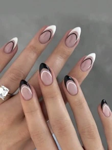 24 Miếng dán móng tay giả hình quả hạnh ngắn tối giản màu đen và trắng Pháp Ramadan với 1 miếng dán thạch và 1 dải dũa - Nhiều màu - Xem 1