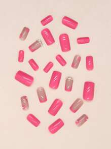 24片中長款方形花狀鑽石黏貼式人工指甲+ 1支指甲文件+ 1瓶果凍膠，指甲貼片裝飾套裝 - 彩色 - 查看 2