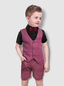 小男孩背心短袖襯衫短褲吊帶領結四件套夏季兒童禮服演出服兒童紳士套裝 - 彩色 - 查看 1