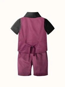 小男孩背心短袖襯衫短褲吊帶領結四件套夏季兒童禮服演出服兒童紳士套裝 - 彩色 - 查看 2