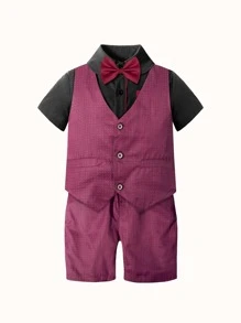 小男孩背心短袖襯衫短褲吊帶領結四件套夏季兒童禮服演出服兒童紳士套裝 - 彩色 - 查看 3