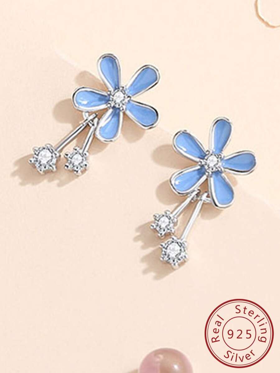 1 对可爱 925 纯银蓝色雏菊森系耳钉，适合女士的礼物