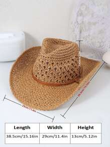 Boho 1pc Women Hollow Out Drawstring Detail Cowboy Straw Hat For Summer - View 6