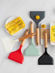 矽膠寬鍋鏟，帶木柄，不沾煎餅，魚，雞蛋，餅乾，煎蛋鏟，靈活適用於不沾鍋（黑色） - 黑色 - 查看 6