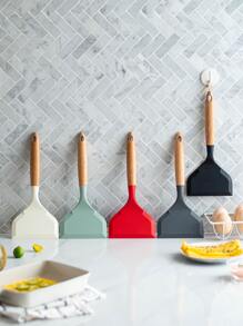 矽膠寬鍋鏟，帶木柄，不沾煎餅，魚，雞蛋，餅乾，煎蛋鏟，靈活適用於不沾鍋（黑色） - 黑色 - 查看 5