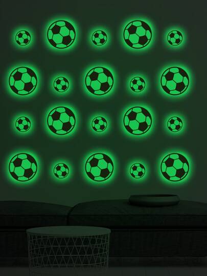 1pc Kids Room Decorative Self-Adhesive Pvc Wall Sticker With Cartoon Style Simple Soccer Design, Waterproof, Glow-In-The-Dark Green, Football Fan, Stickers, Wall Decal, Vinyl Decal For Home Decorations, Spring Decoration Items Refresh Your Home, Rama Decoration Stickers