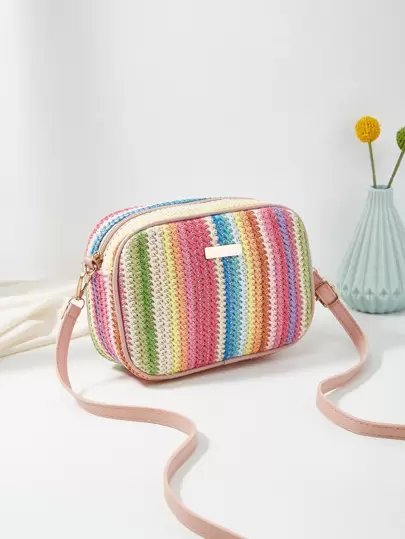 Mini Colorful Stripes Pattern Flap Crossbody Bag, Perfectly Matching With Vacation Outfits Women, Summer Straw Beach Bag For Women, Hottest Beach Bags For Women, Fashion Summer Vacation Bag, Beach Essentials Women Bags For Vacation & Holiday, Vacation Essentials, Perfect For Summer, Vacation & Beach, Newest Holiday Bag