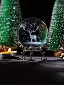 1入組,2.4英寸(60mm)3D內雕刻聖誕小鹿水晶球鎮紙玻璃激光雕刻球帶支撐架家庭裝飾藝術 - 彩色 - 查看 1