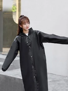 成人長款 Eva 雨衣帶帽，中性防水旅行雨披適合釣魚、露營、港口等 - 黑色 - 查看 3