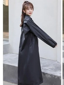 成人長款 Eva 雨衣帶帽，中性防水旅行雨披適合釣魚、露營、港口等 - 黑色 - 查看 2