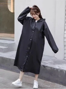 成人長款 Eva 雨衣帶帽，中性防水旅行雨披適合釣魚、露營、港口等 - 黑色 - 查看 1