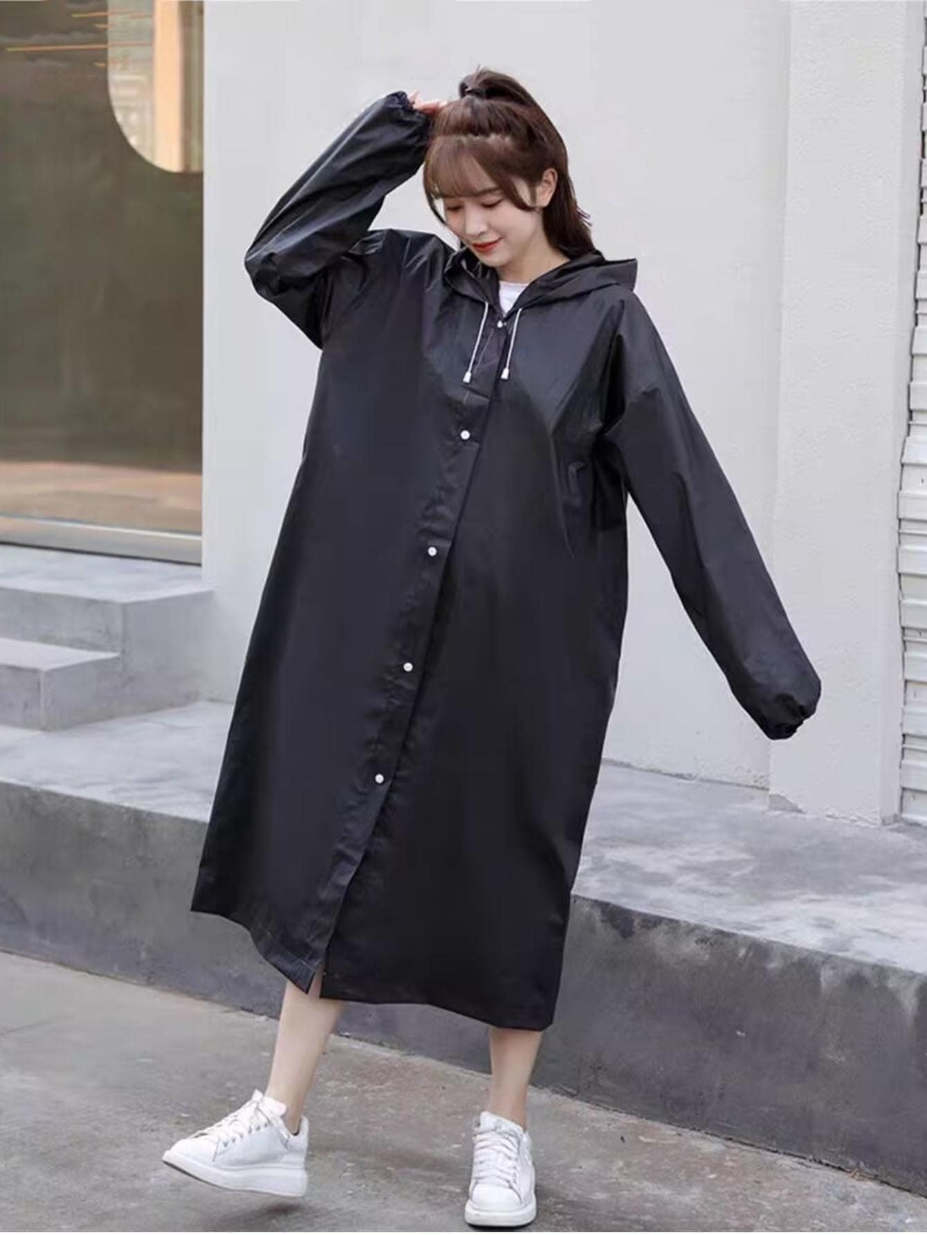 成人長款 Eva 雨衣帶帽，中性防水旅行雨披適合釣魚、露營、港口等 - 黑色 - 查看 1