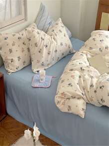 4pcs Double Layer Washed Polyester Fabric Bedding Set With White/pink Rose/tulip Print, Including 1 Duvet Cover, 1 Bed Sheet And 2 Pillowcases, Soft And Comfortable For All Seasons - Màu xanh lam - Xem 7