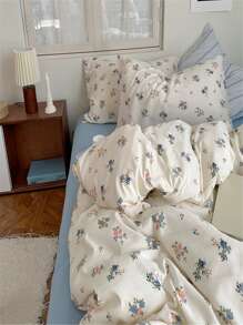 4pcs Double Layer Washed Polyester Fabric Bedding Set With White/pink Rose/tulip Print, Including 1 Duvet Cover, 1 Bed Sheet And 2 Pillowcases, Soft And Comfortable For All Seasons - Màu xanh lam - Xem 5