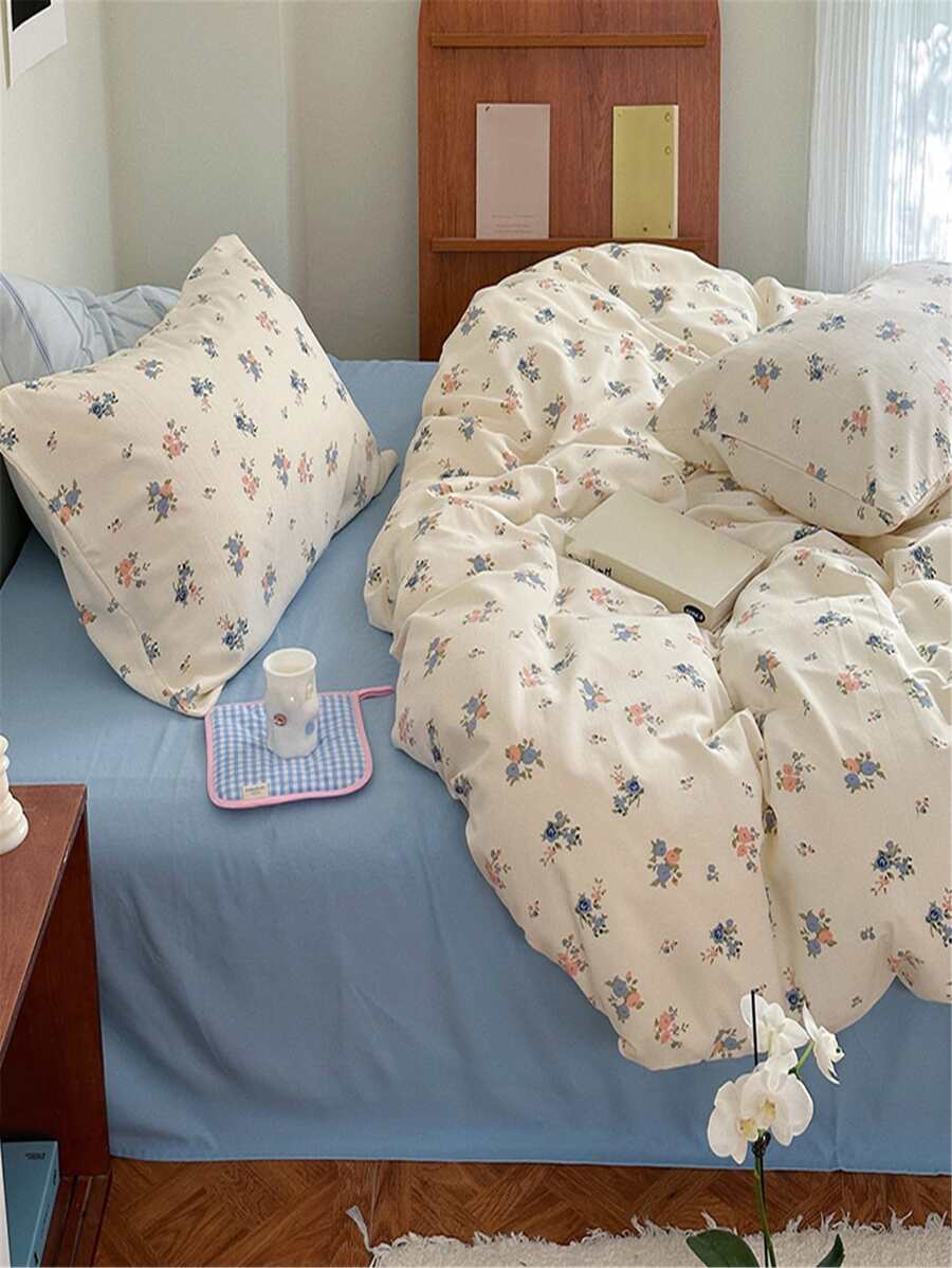 4pcs Double Layer Washed Polyester Fabric Bedding Set With White/pink Rose/tulip Print, Including 1 Duvet Cover, 1 Bed Sheet And 2 Pillowcases, Soft And Comfortable For All Seasons - Màu xanh lam - Xem 1