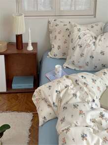 4pcs Double Layer Washed Polyester Fabric Bedding Set With White/pink Rose/tulip Print, Including 1 Duvet Cover, 1 Bed Sheet And 2 Pillowcases, Soft And Comfortable For All Seasons - Màu xanh lam - Xem 6