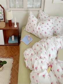 4pcs Washed Double Layer Polyester Fabric White/pink Floral Printed Zippered Duvet Cover Set, Comfortable And Suitable For All Seasons, Including 1 Duvet Cover, 1 Bed Sheet And 2 Pillowcases - Hồng - Xem 8